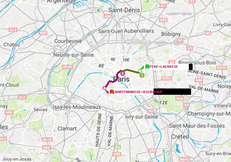 plan itinéraire ratp de Père-Lachaise à Montparnasse-Bienvenue