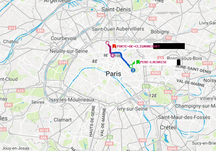 plan itinéraire ratp de Père-Lachaise à Porte de Clignancourt