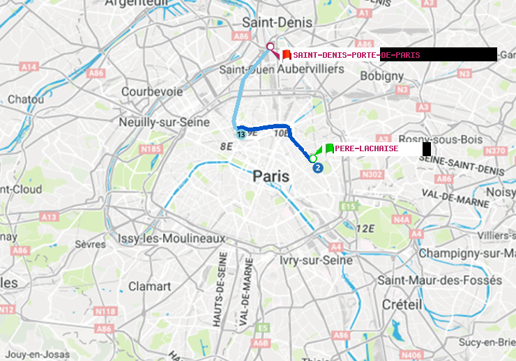 plan itinéraire ratp de Père-Lachaise à Saint-Denis-Porte de Paris