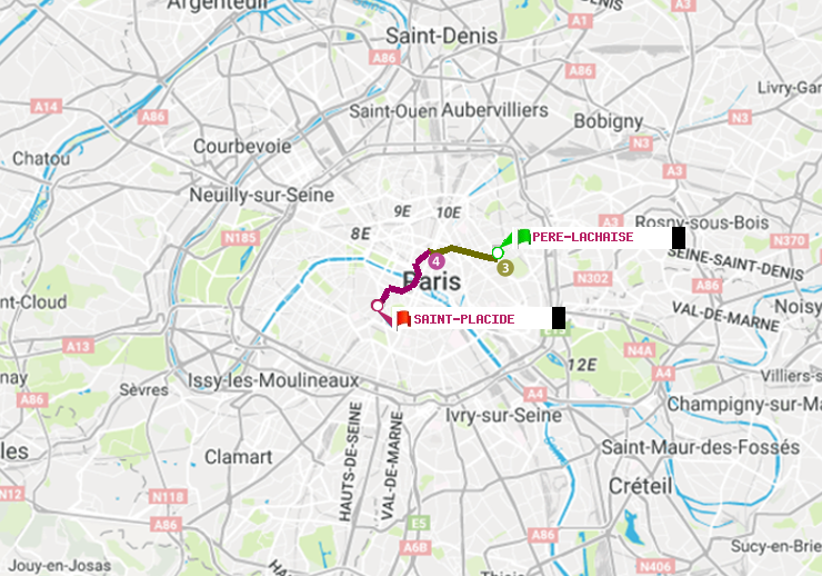plan itinéraire ratp de Père-Lachaise à Saint-Placide