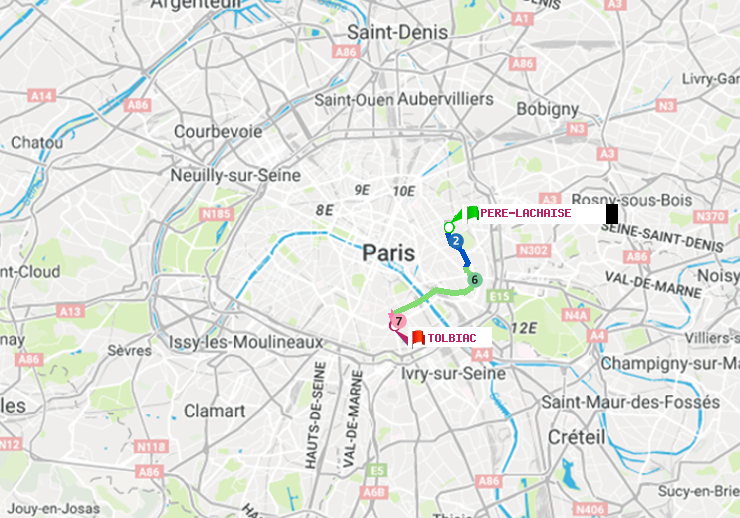 plan itinéraire ratp de Père-Lachaise à Tolbiac