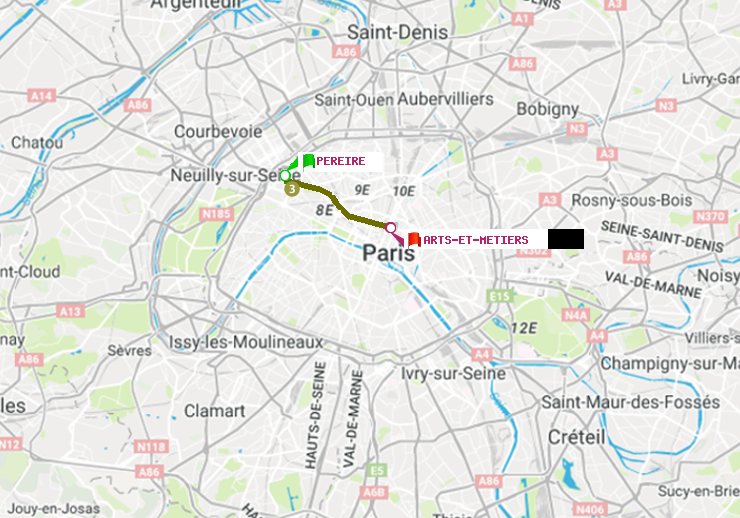 plan itinéraire ratp de Péreire à Arts-et-Métiers