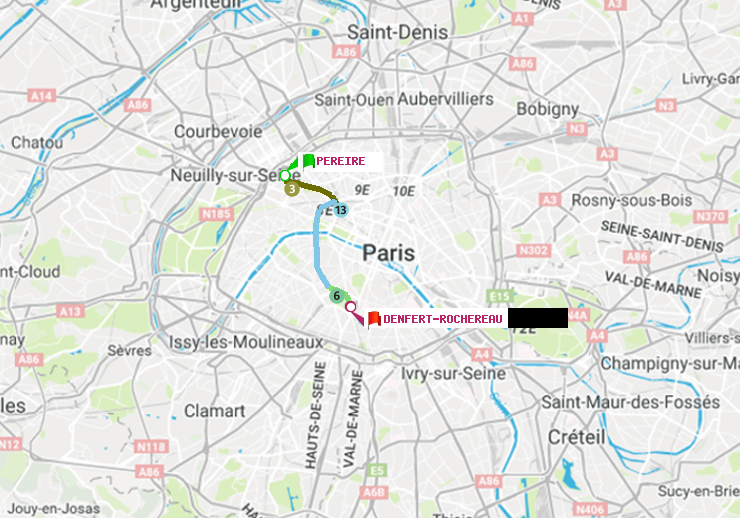 plan itinéraire ratp de Péreire à Denfert-Rochereau