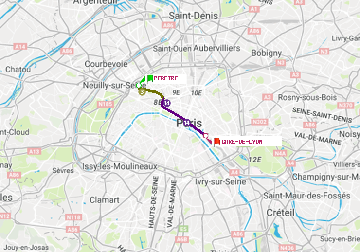 plan itinéraire ratp de Péreire à Gare de Lyon