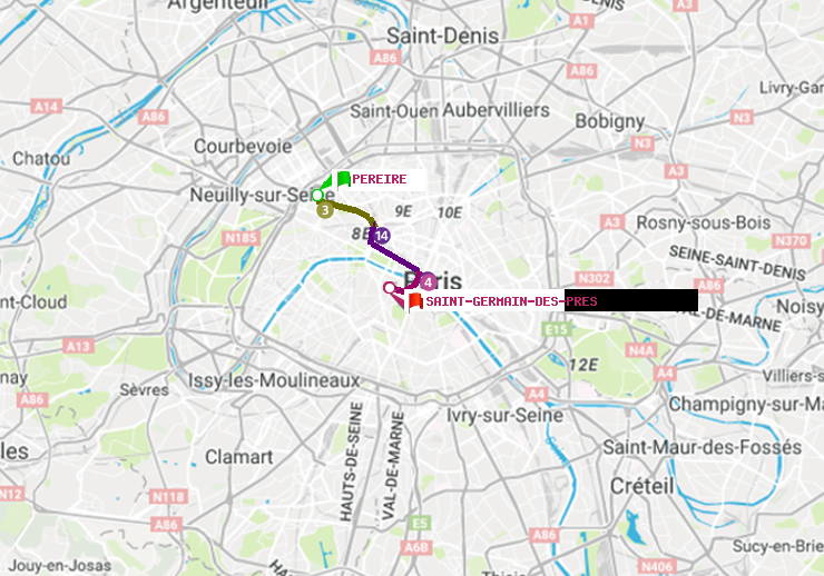 plan itinéraire ratp de Péreire à Saint-Germain des Prés