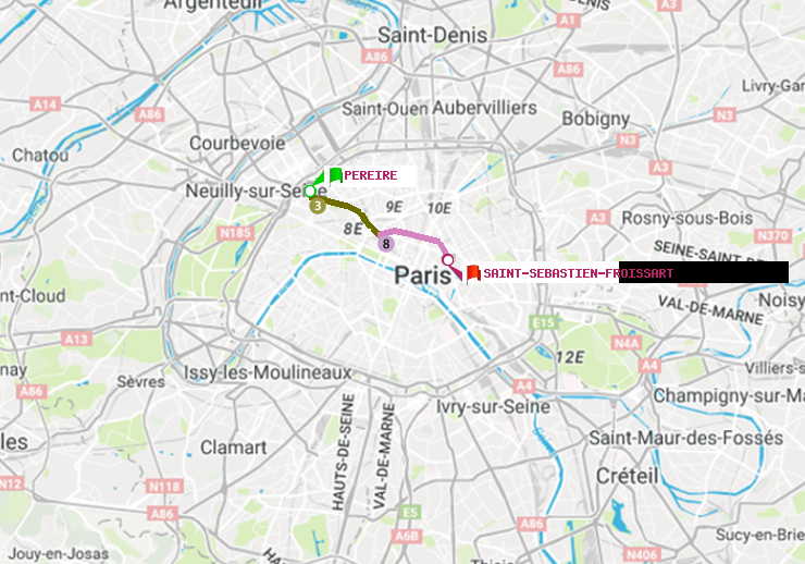 plan itinéraire ratp de Péreire à Saint-Sébastien-Froissart