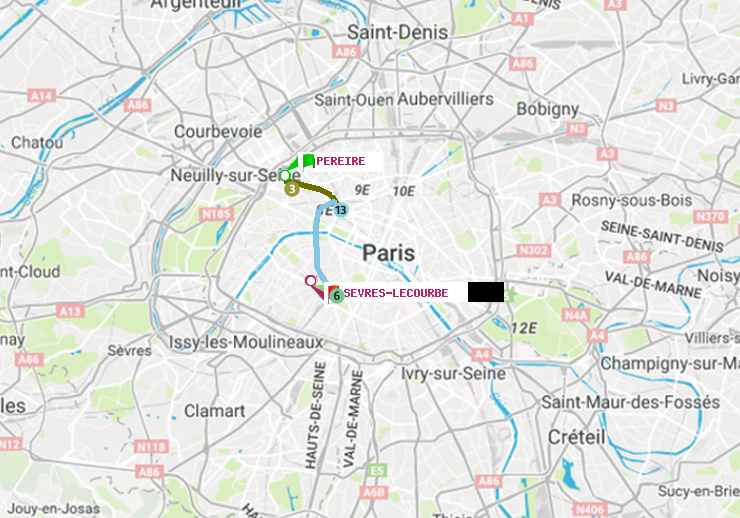 plan itinéraire ratp de Péreire à Sèvres-Lecourbe