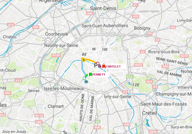 plan itinéraire ratp de Pernety à Châtelet