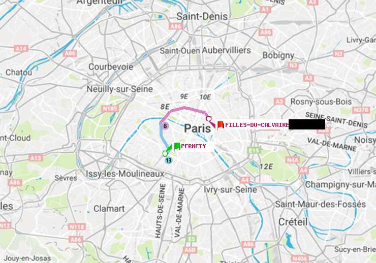 plan itinéraire ratp de Pernety à Filles du Calvaire