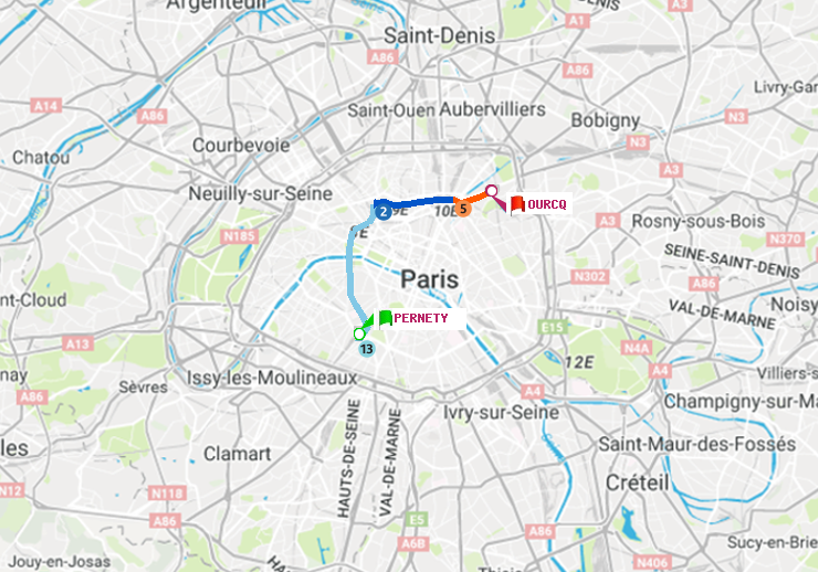plan itinéraire ratp de Pernety à Ourcq