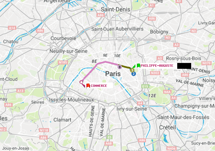 plan itinéraire ratp de Philippe Auguste à Commerce