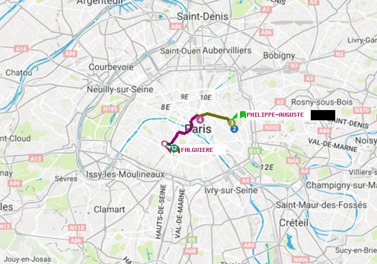 plan itinéraire ratp de Philippe Auguste à Falguière