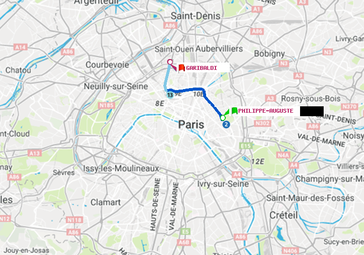 plan itinéraire ratp de Philippe Auguste à Garibaldi