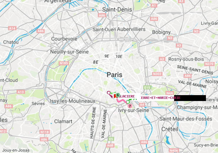 plan itinéraire ratp de Pierre et Marie Curie à Glacière