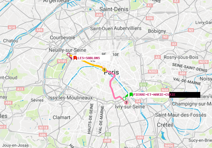 plan itinéraire ratp de Pierre et Marie Curie à Les Sablons (Jardin d
