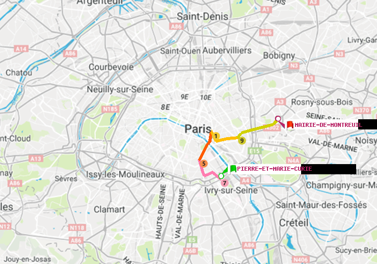 plan itinéraire ratp de Pierre et Marie Curie à Mairie de Montreuil