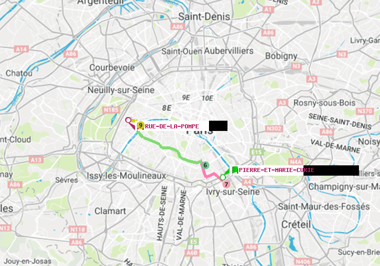 plan itinéraire ratp de Pierre et Marie Curie à Rue de la Pompe (Avenue Georges Mandel)