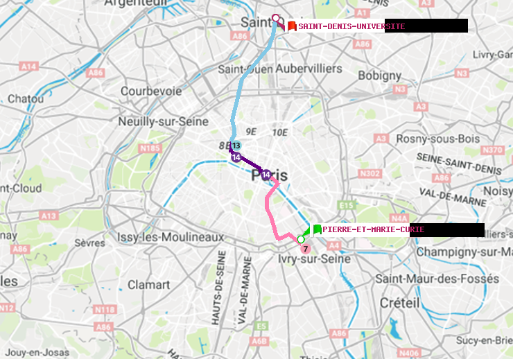 plan itinéraire ratp de Pierre et Marie Curie à Saint-Denis-Universite