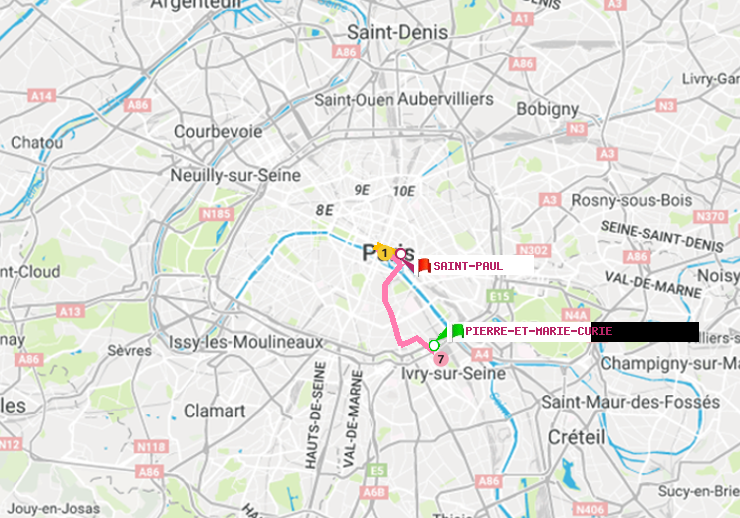 plan itinéraire ratp de Pierre et Marie Curie à Saint-Paul (Le Marais)