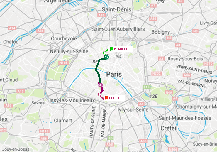 plan itinéraire ratp de Pigalle à Alésia