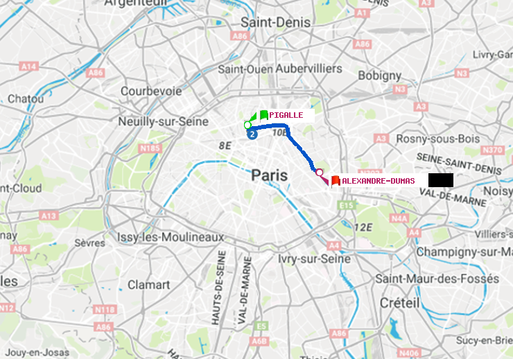 plan itinéraire ratp de Pigalle à Alexandre-Dumas