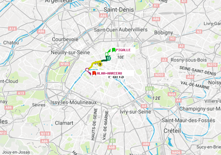 plan itinéraire ratp de Pigalle à Alma-Marceau