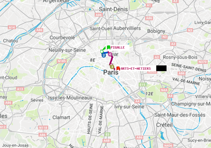 plan itinéraire ratp de Pigalle à Arts-et-Métiers