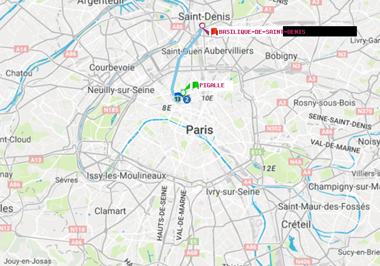 plan itinéraire ratp de Pigalle à Basilique de Saint-Denis