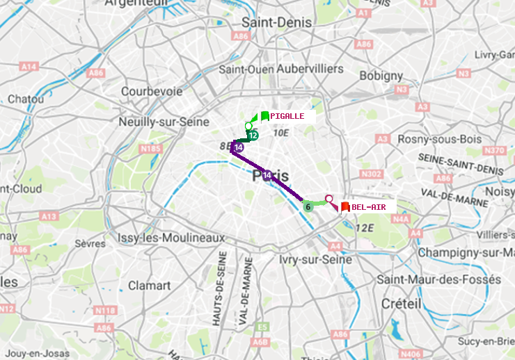 plan itinéraire ratp de Pigalle à Bel-Air