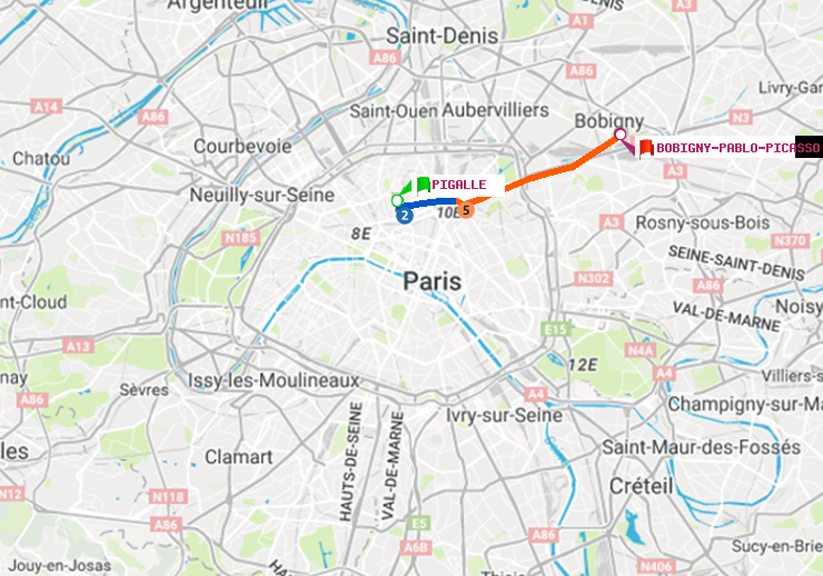 plan itinéraire ratp de Pigalle à Bobigny-Pablo-Picasso