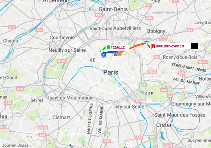 plan itinéraire ratp de Pigalle à Bobigny-Pantin (Raymond Queneau)
