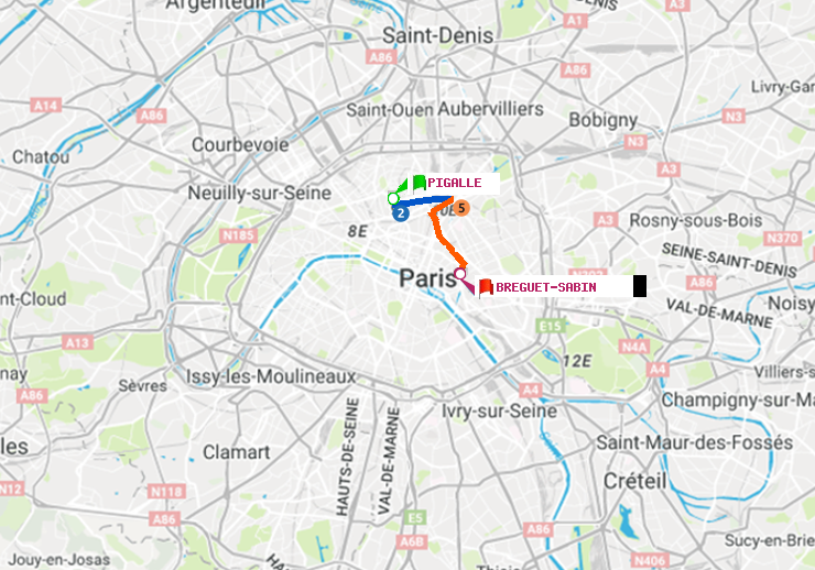 plan itinéraire ratp de Pigalle à Bréguet-Sabin
