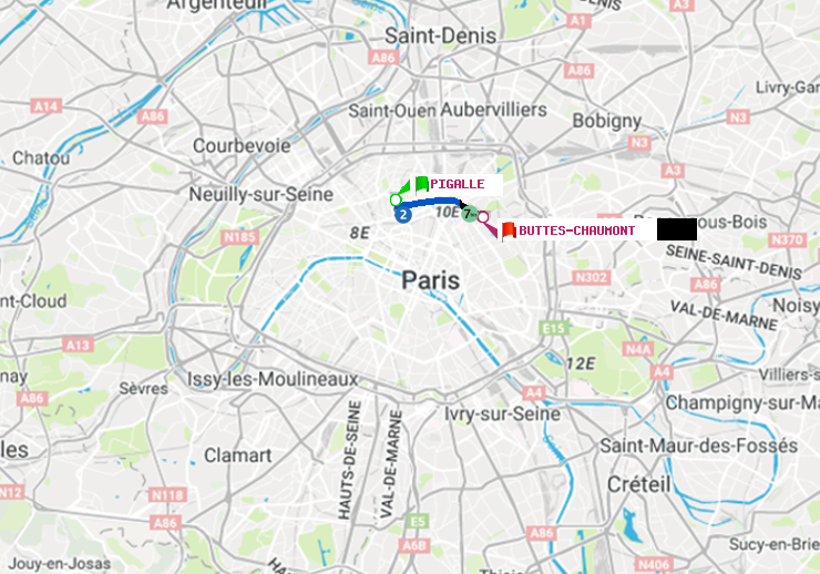 plan itinéraire ratp de Pigalle à Buttes-Chaumont