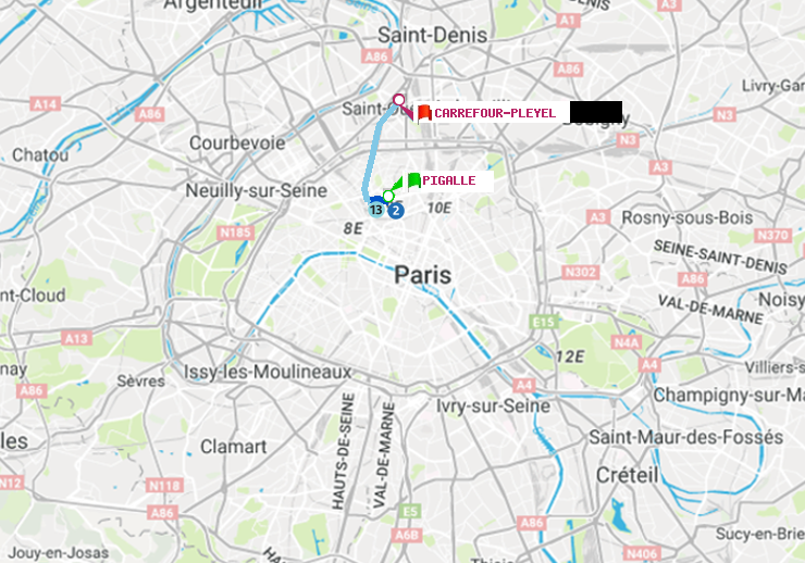 plan itinéraire ratp de Pigalle à Carrefour-Pleyel