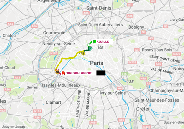 plan itinéraire ratp de Pigalle à Chardon-Lagache