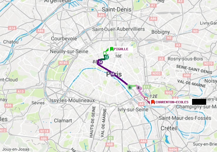 plan itinéraire ratp de Pigalle à Charenton-Ecoles