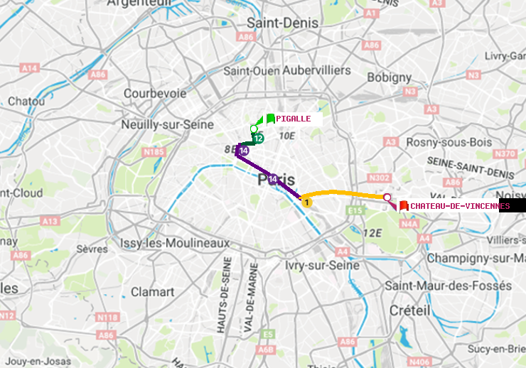 plan itinéraire ratp de Pigalle à Château de Vincennes
