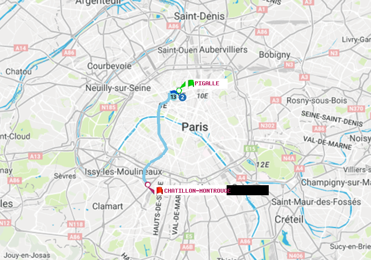 plan itinéraire ratp de Pigalle à Châtillon Montrouge