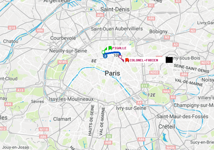 plan itinéraire ratp de Pigalle à Colonel Fabien