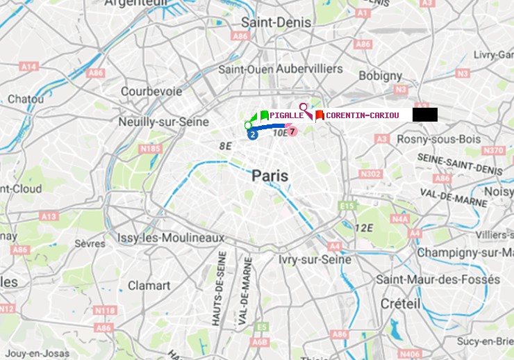 plan itinéraire ratp de Pigalle à Corentin-Cariou