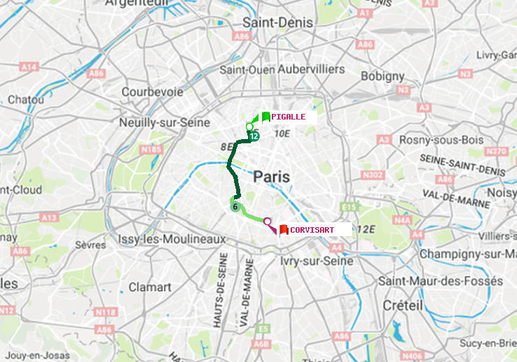 plan itinéraire ratp de Pigalle à Corvisart