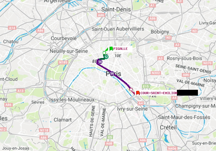 plan itinéraire ratp de Pigalle à Cour Saint-Emilion