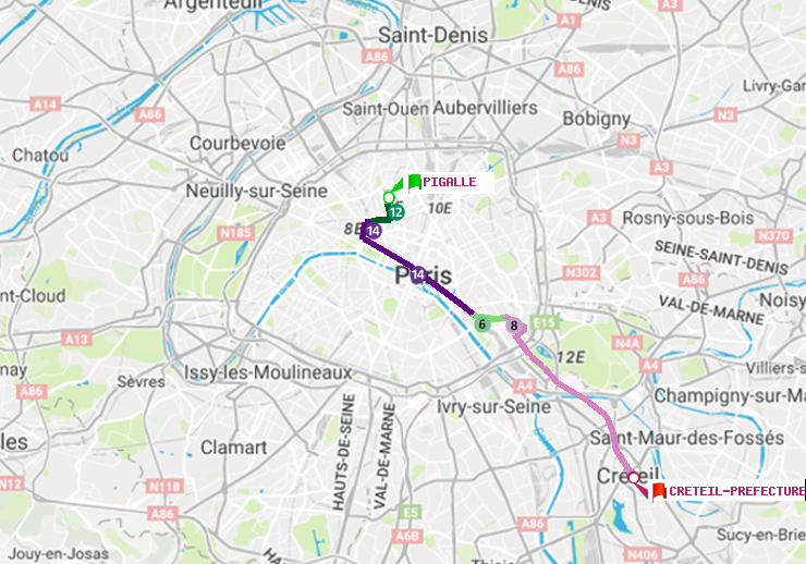 plan itinéraire ratp de Pigalle à Créteil-Préfecture (Hôtel de Ville)
