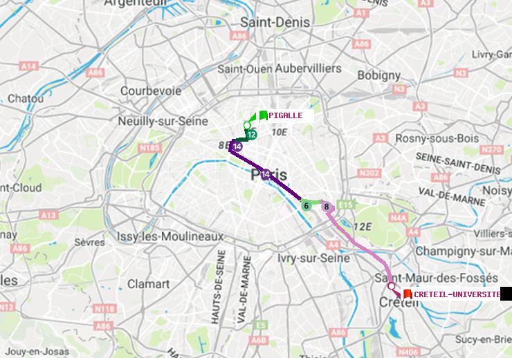plan itinéraire ratp de Pigalle à Créteil-Université