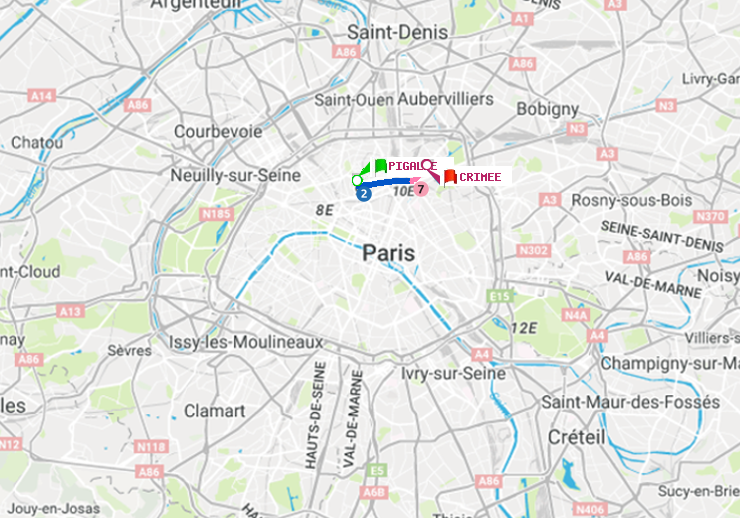 plan itinéraire ratp de Pigalle à Crimée