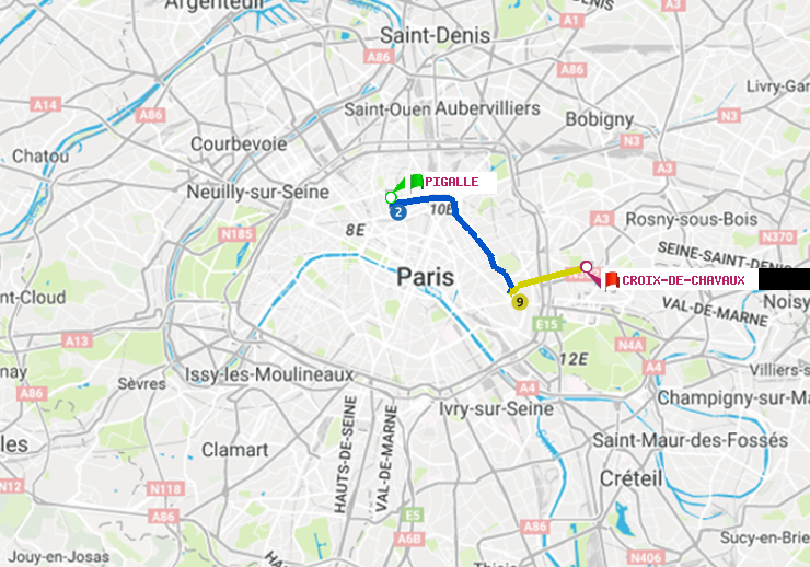 plan itinéraire ratp de Pigalle à Croix-de-Chavaux (Jacques Duclos)