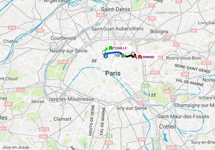 plan itinéraire ratp de Pigalle à Danube