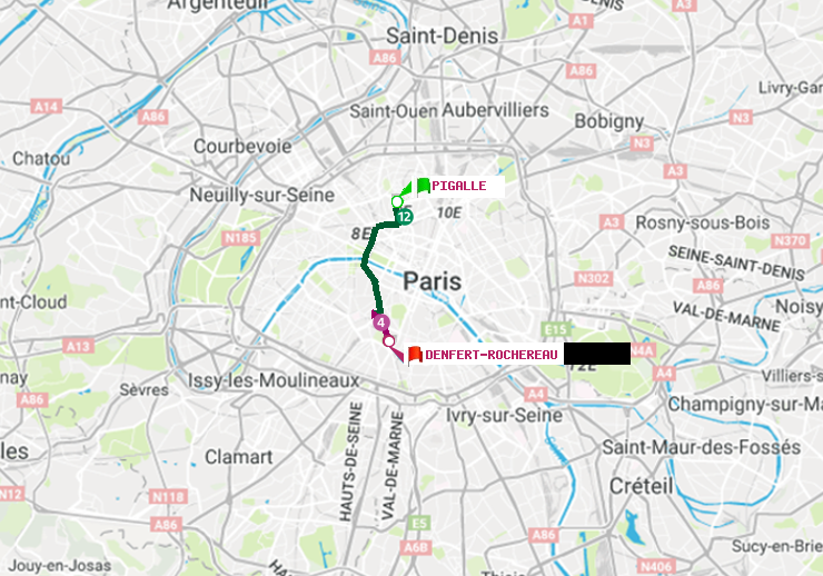 plan itinéraire ratp de Pigalle à Denfert-Rochereau
