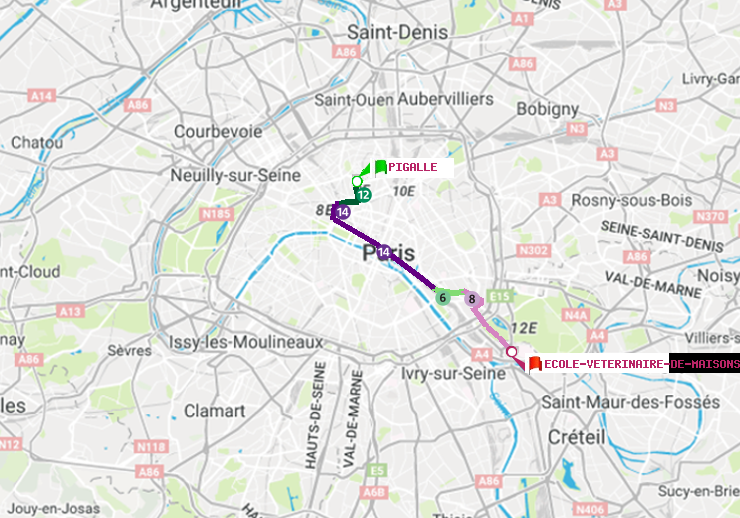 plan itinéraire ratp de Pigalle à Ecole Vétérinaire de Maisons-Alfort