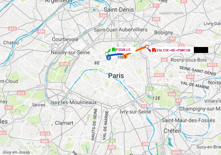 plan itinéraire ratp de Pigalle à Eglise de Pantin